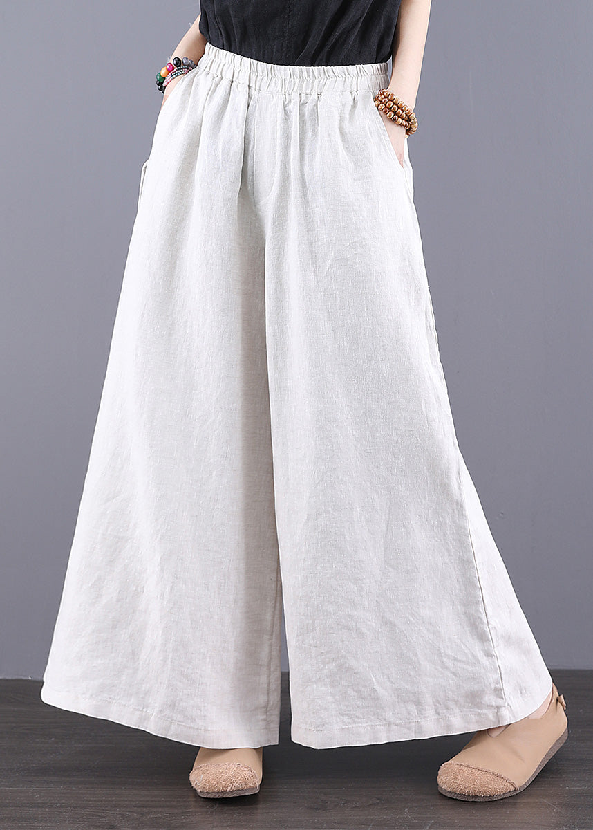 Simple White Elastic Waist Linen Straight Pants Trousers Summer