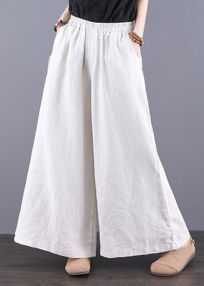Simple White Elastic Waist Linen Straight Pants Trousers Summer