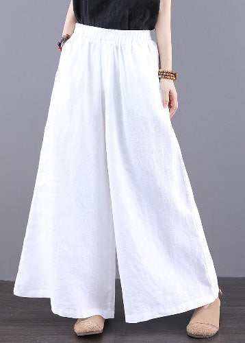 Simple White Elastic Waist Linen Straight Pants Trousers Summer