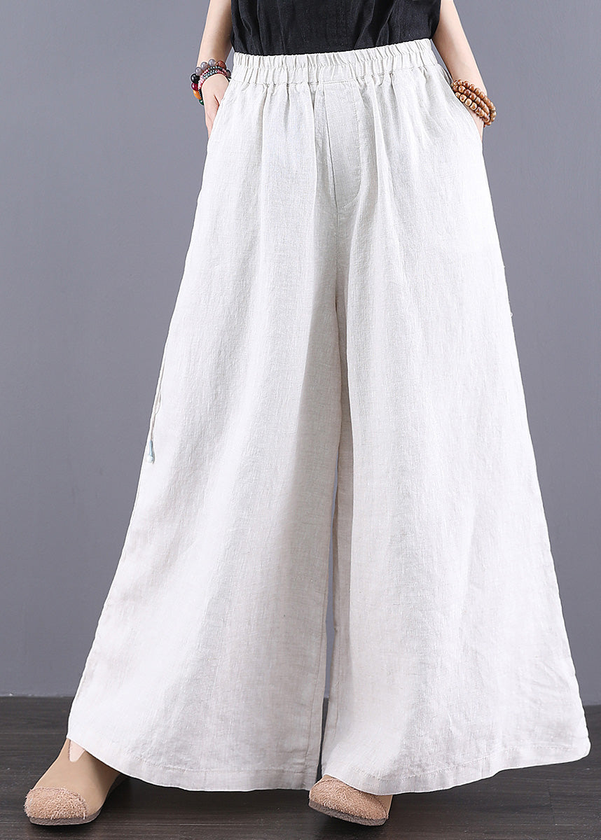 Simple White Elastic Waist Linen Straight Pants Trousers Summer