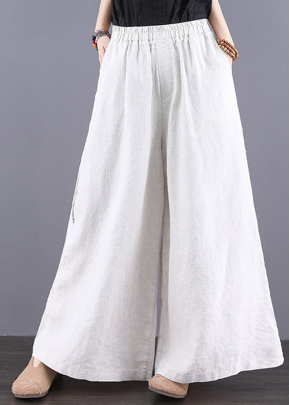 Simple White Elastic Waist Linen Straight Pants Trousers Summer