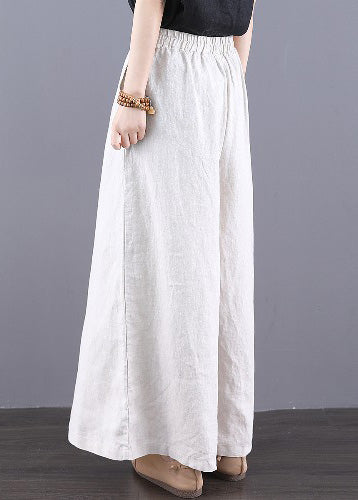 Simple White Elastic Waist Linen Straight Pants Trousers Summer