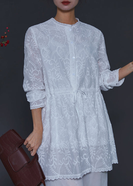 Einfache weiße bestickte Baumwolle Cinched Bluse Tops Frühling