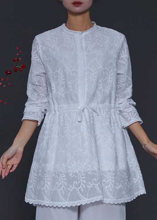 Einfache weiße bestickte Baumwolle Cinched Bluse Tops Frühling