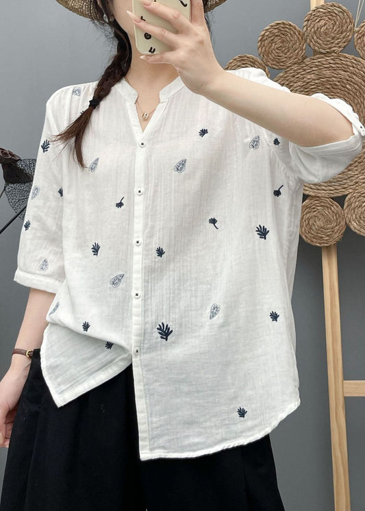 Simple White Embroidered Cotton Top Half Sleeve