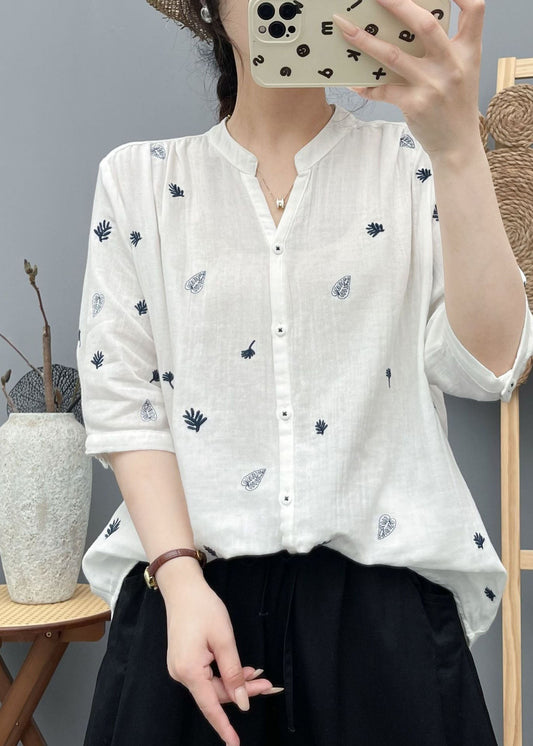 Simple White Embroidered Cotton Top Half Sleeve