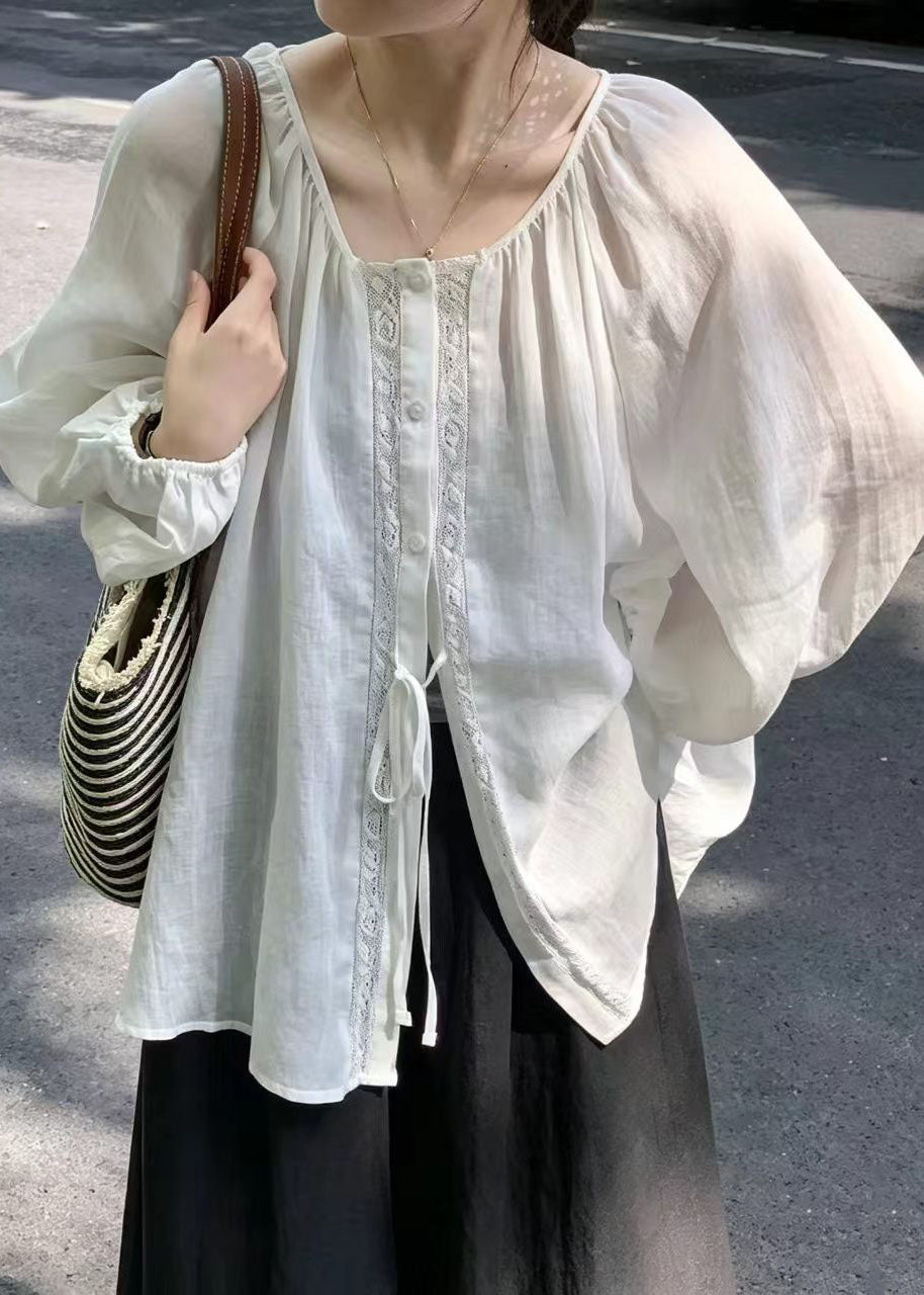 Simple White Lace Up Oversized Linen Shirt Top Summer