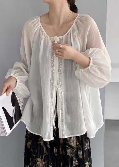 Simple White Lace Up Oversized Linen Shirt Top Summer