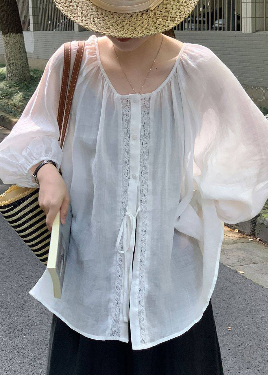 Simple White Lace Up Oversized Linen Shirt Top Summer