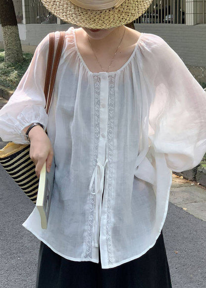 Simple White Lace Up Oversized Linen Shirt Top Summer