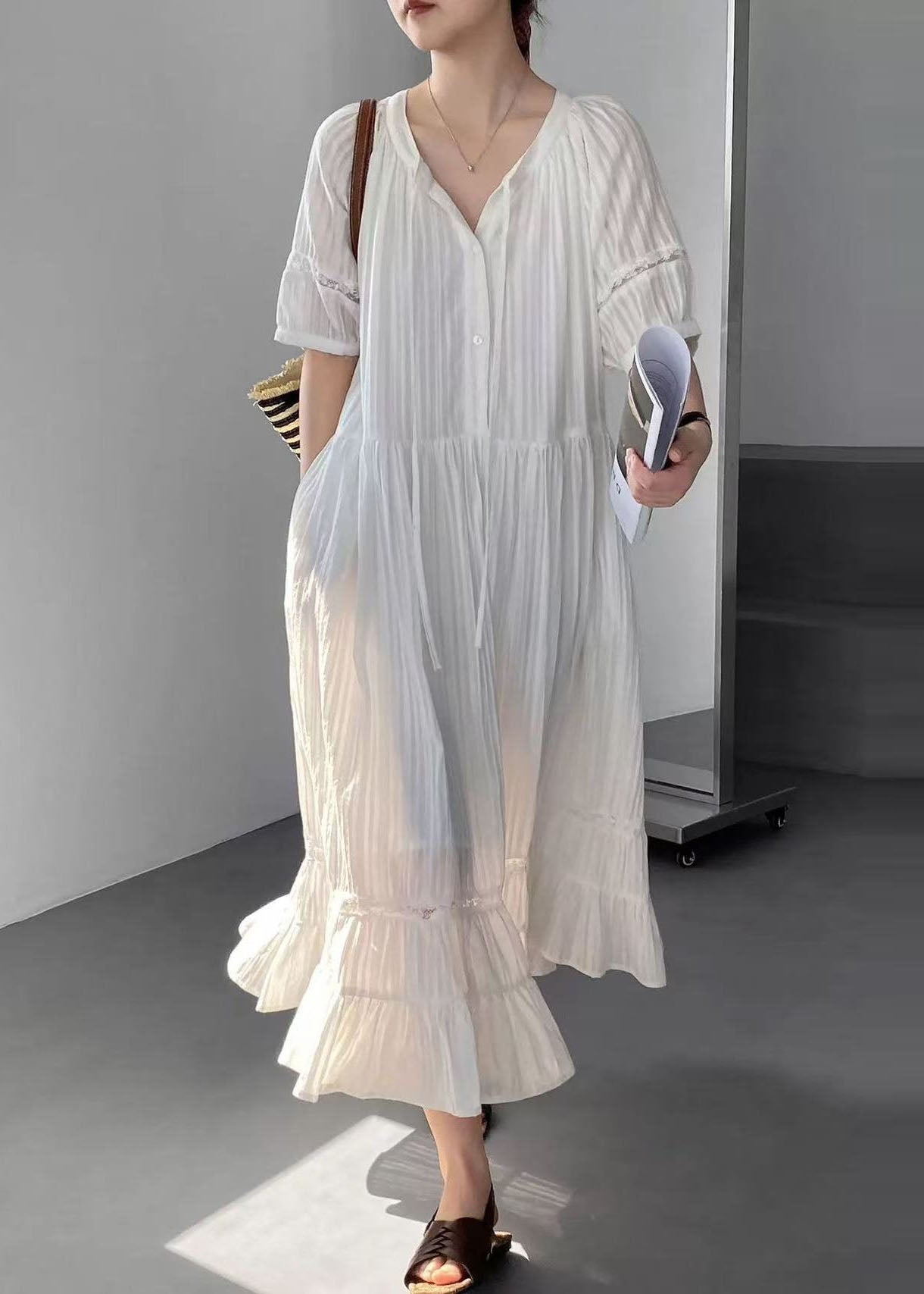 Simple White Lace Up Wrinkled Cotton Long Dress Summer
