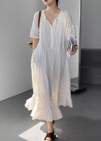 Simple White Lace Up Wrinkled Cotton Long Dress Summer
