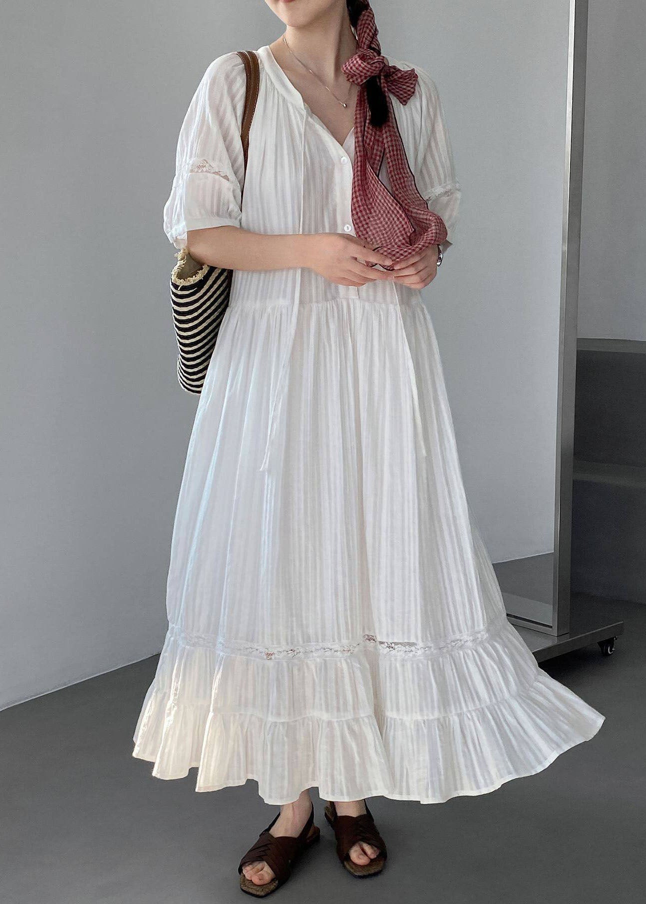 Simple White Lace Up Wrinkled Cotton Long Dress Summer