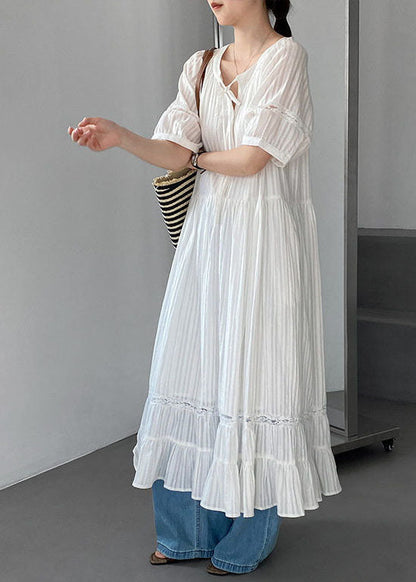 Simple White Lace Up Wrinkled Cotton Long Dress Summer