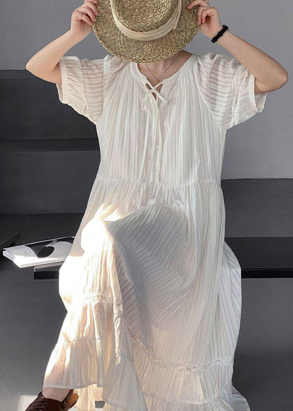 Simple White Lace Up Wrinkled Cotton Long Dress Summer
