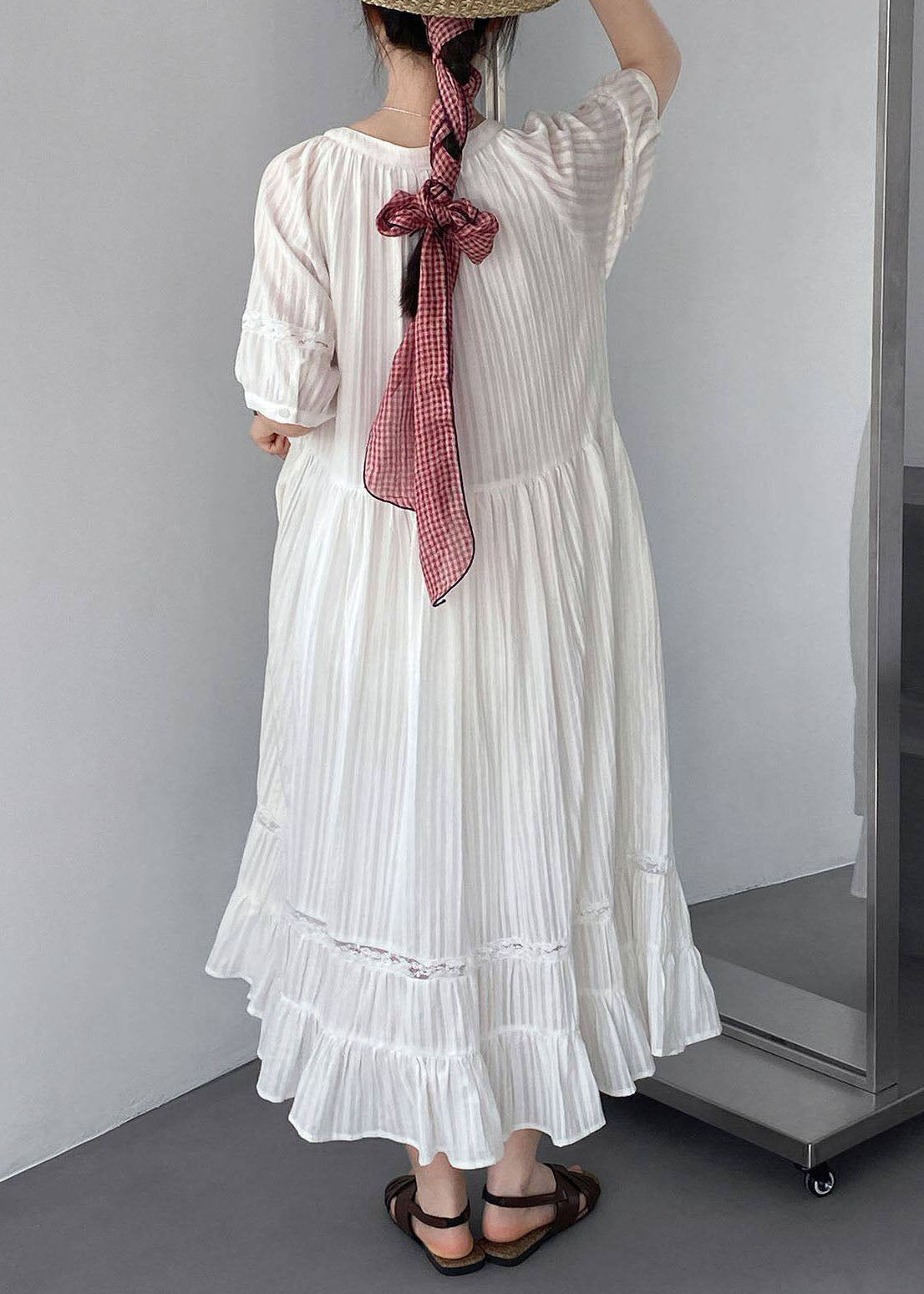Simple White Lace Up Wrinkled Cotton Long Dress Summer