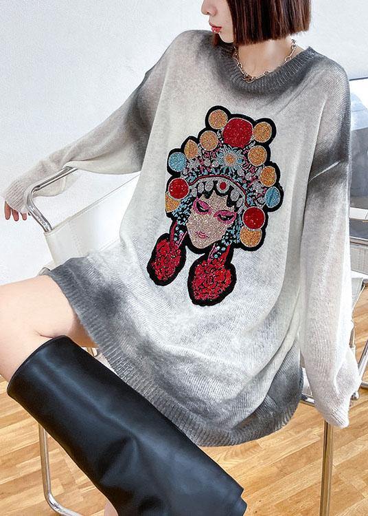 Simple White Loose O-Neck Tie Dye Fall Long Knit Top - SooLinen