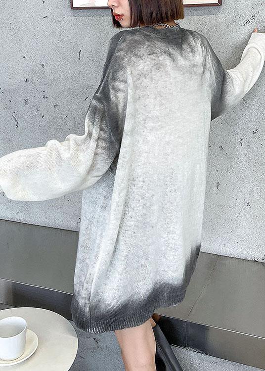 Simple White Loose O-Neck Tie Dye Fall Long Knit Top - SooLinen