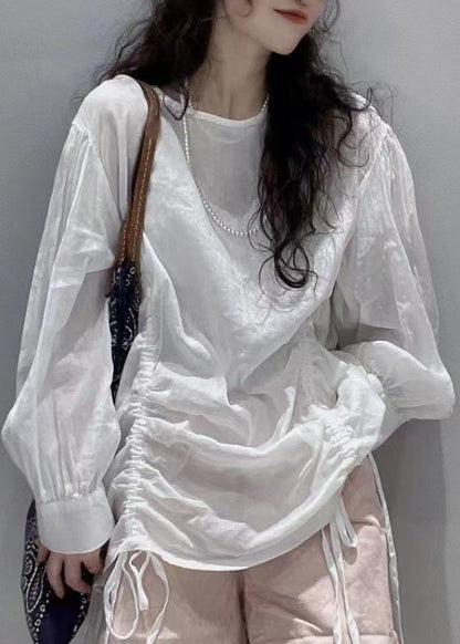 Simple White O-Neck Drawstring Cotton Shirt Top Long Sleeve