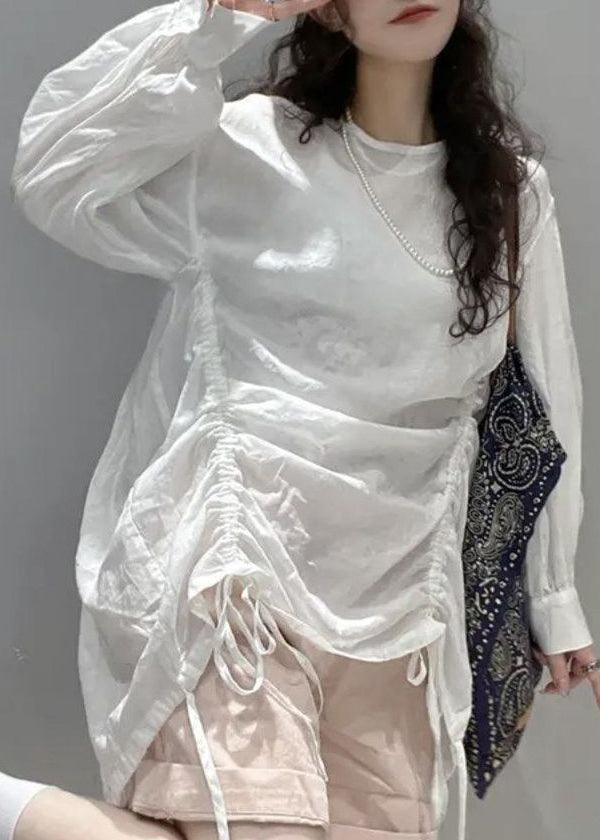 Simple White O-Neck Drawstring Cotton Shirt Top Long Sleeve