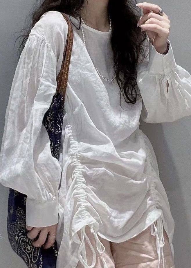 Simple White O-Neck Drawstring Cotton Shirt Top Long Sleeve
