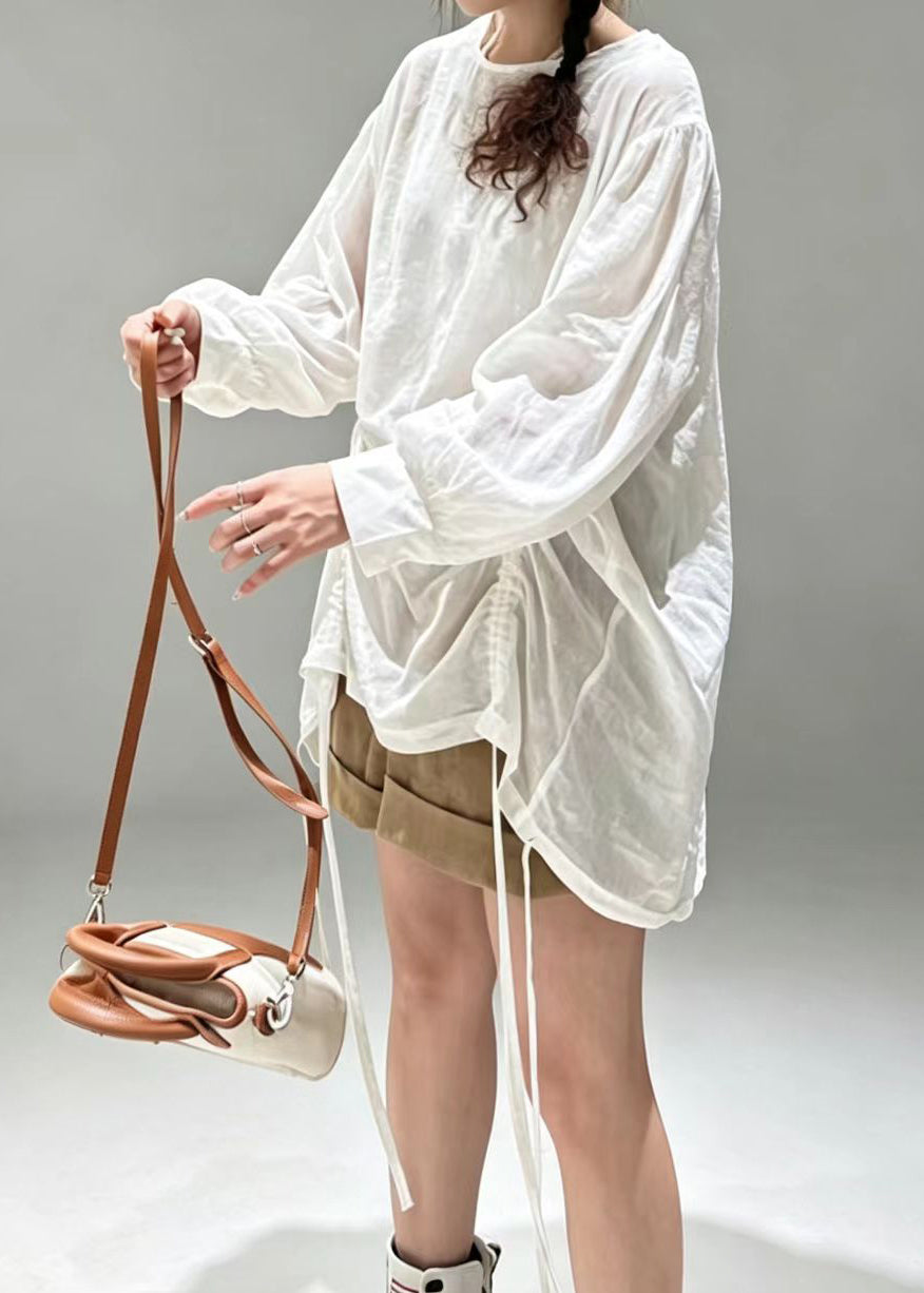 Simple White O-Neck Drawstring Cotton Shirt Top Long Sleeve