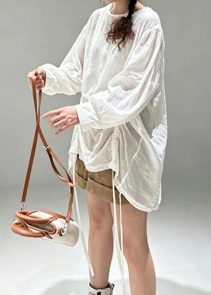 Simple White O-Neck Drawstring Cotton Shirt Top Long Sleeve