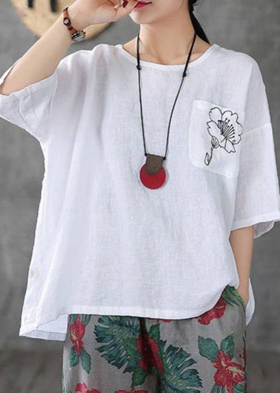 Simple White O Neck Embroidered Cotton T Shirts Summer
