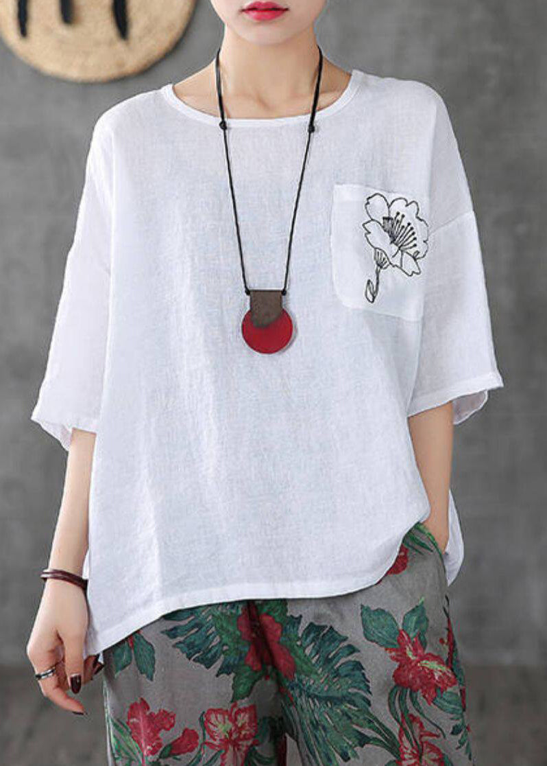 Simple White O Neck Embroidered Cotton T Shirts Summer