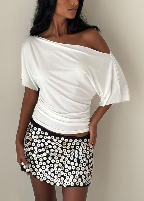 Simple White One Shoulder Wrinkled Cotton Shirt Short Sleeve