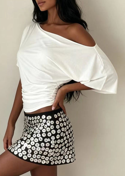 Simple White One Shoulder Wrinkled Cotton Shirt Short Sleeve