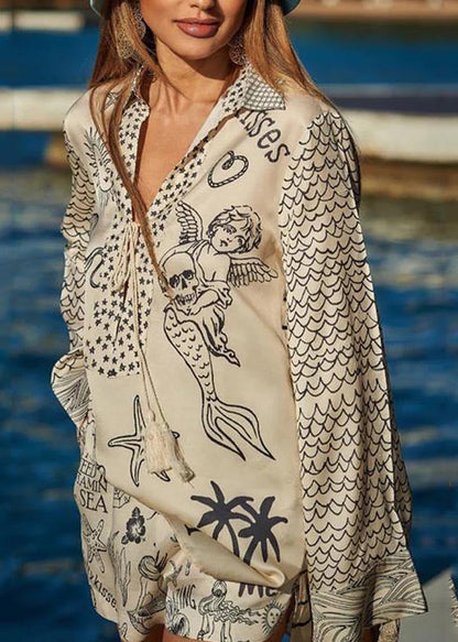 Simple White Oversized Print Ice Silk Two Pieces Set Summer