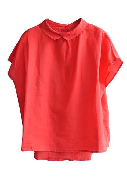 Blusa sencilla de manga corta con cuello Peter Pan, color blanco, con botones y ramio liso