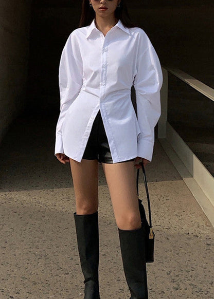 Simple White Peter Pan Collar Cotton Blouse Tops Long Sleeve