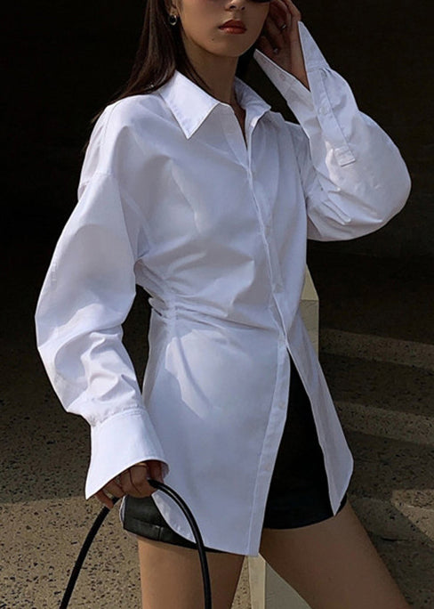 Simple White Peter Pan Collar Cotton Blouse Tops Long Sleeve