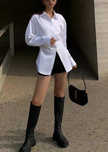 Simple White Peter Pan Collar Cotton Blouse Tops Long Sleeve
