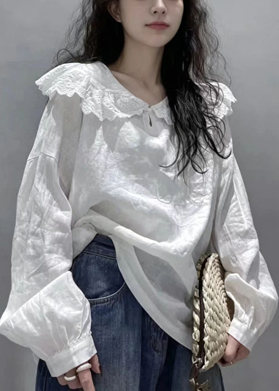 Simple White Peter Pan Collar Cotton Shirt Top Long Sleeve