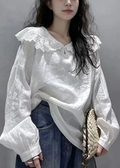 Simple White Peter Pan Collar Cotton Shirt Top Long Sleeve