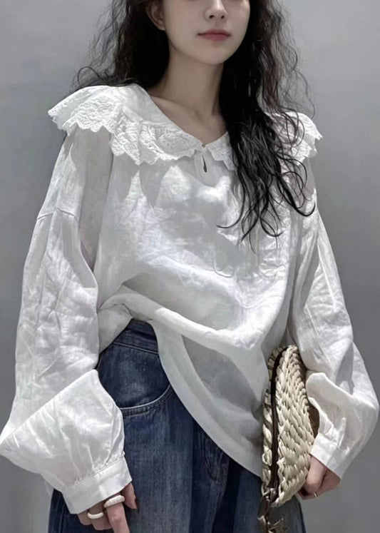 Simple White Peter Pan Collar Cotton Shirt Top Long Sleeve