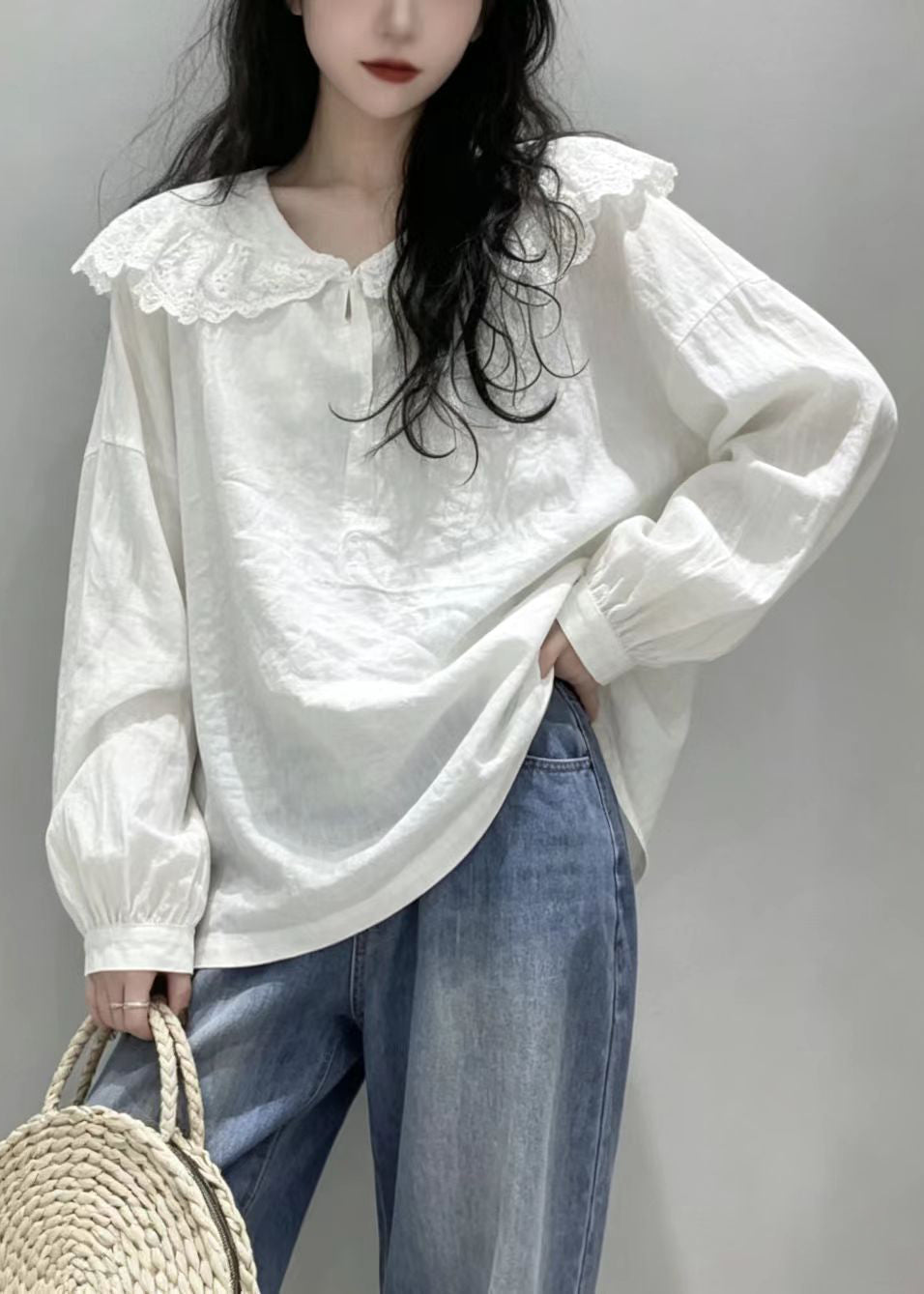 Simple White Peter Pan Collar Cotton Shirt Top Long Sleeve