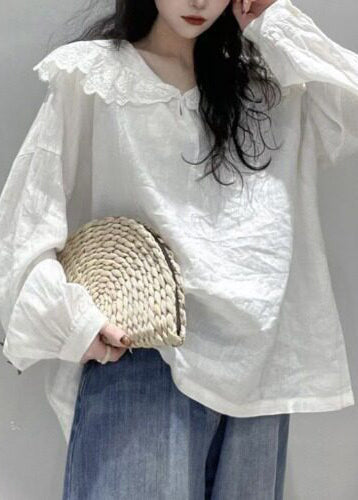 Simple White Peter Pan Collar Cotton Shirt Top Long Sleeve