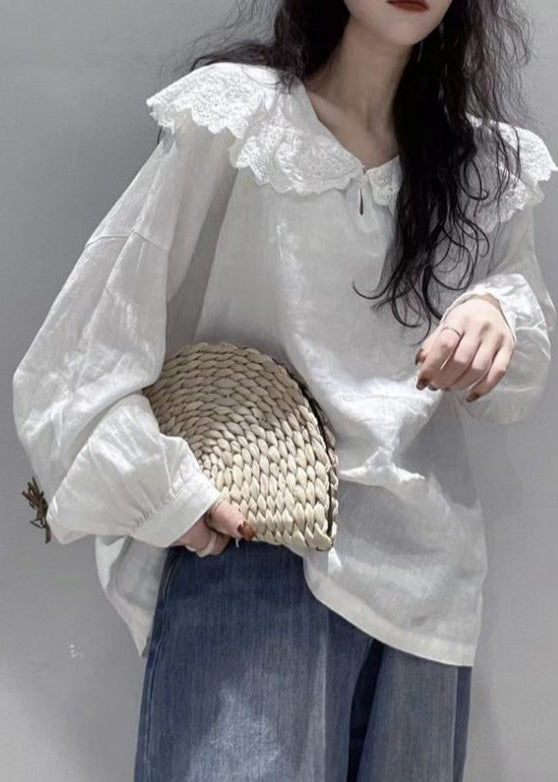 Simple White Peter Pan Collar Cotton Shirt Top Long Sleeve