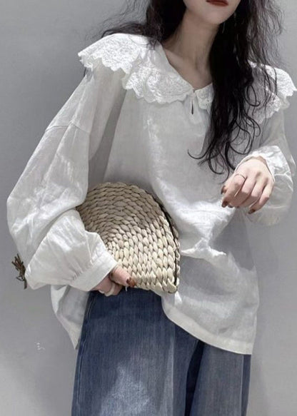 Simple White Peter Pan Collar Cotton Shirt Top Long Sleeve