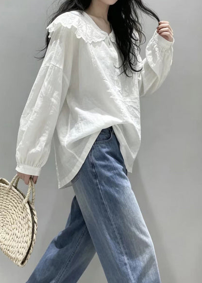 Simple White Peter Pan Collar Cotton Shirt Top Long Sleeve