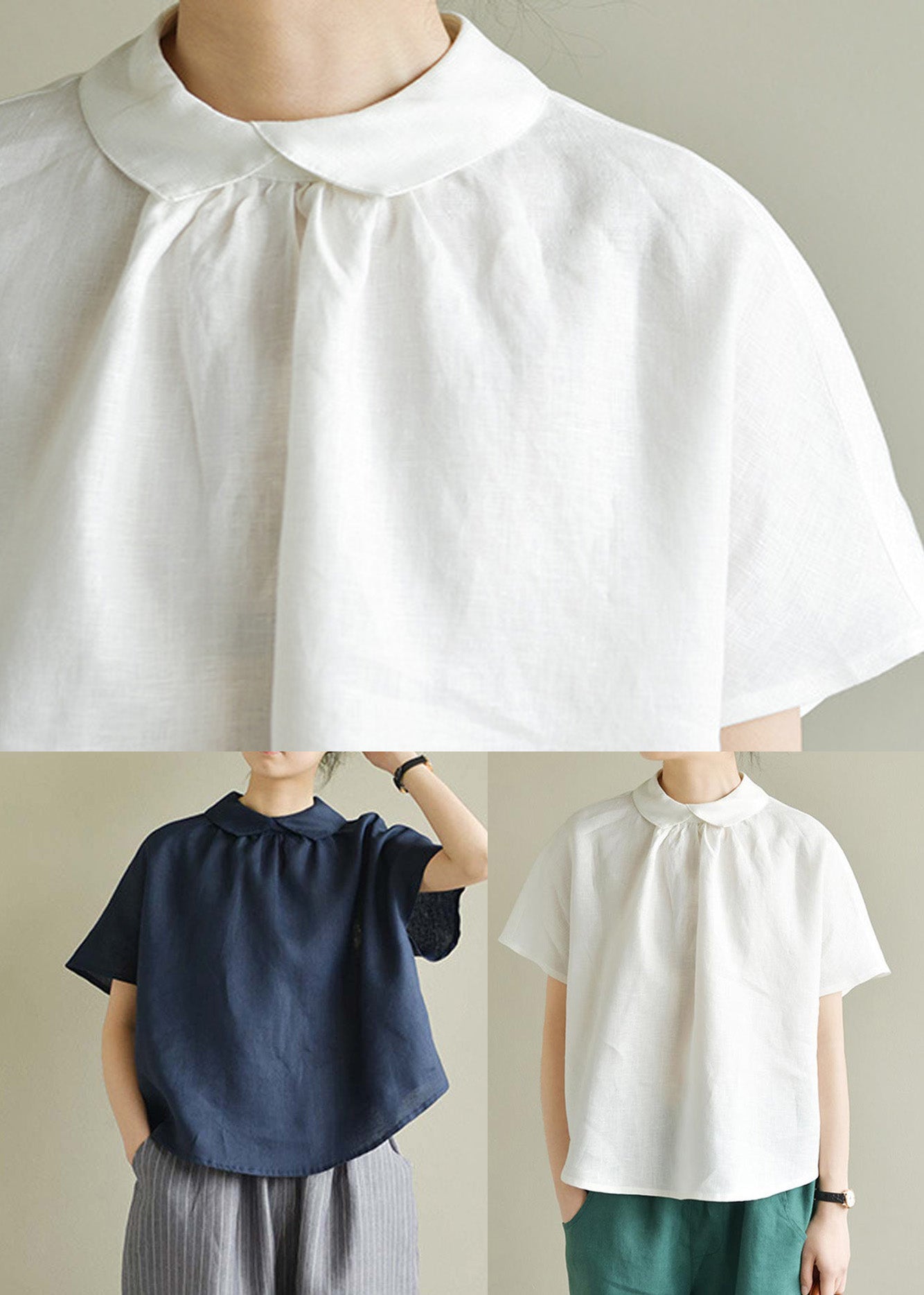 Camisa sencilla de lino liso con cuello Peter Pan blanco para verano