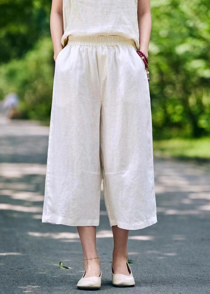 Simple White Pockets Elastic Waist Linen Crop Pants Summer