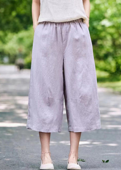 Simple White Pockets Elastic Waist Linen Crop Pants Summer
