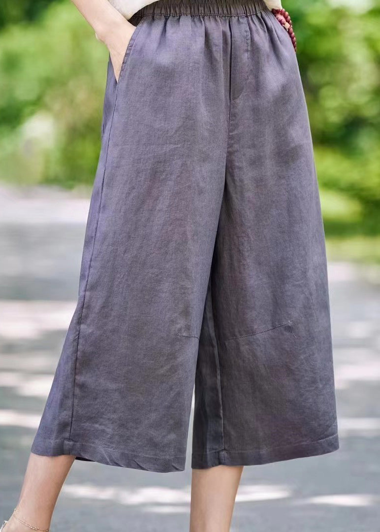 Simple White Pockets Elastic Waist Linen Crop Pants Summer
