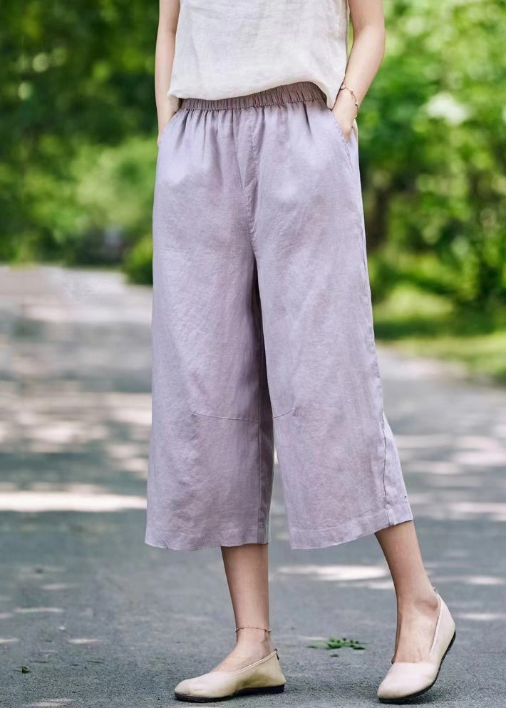 Simple White Pockets Elastic Waist Linen Crop Pants Summer