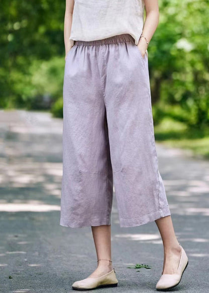 Simple White Pockets Elastic Waist Linen Crop Pants Summer